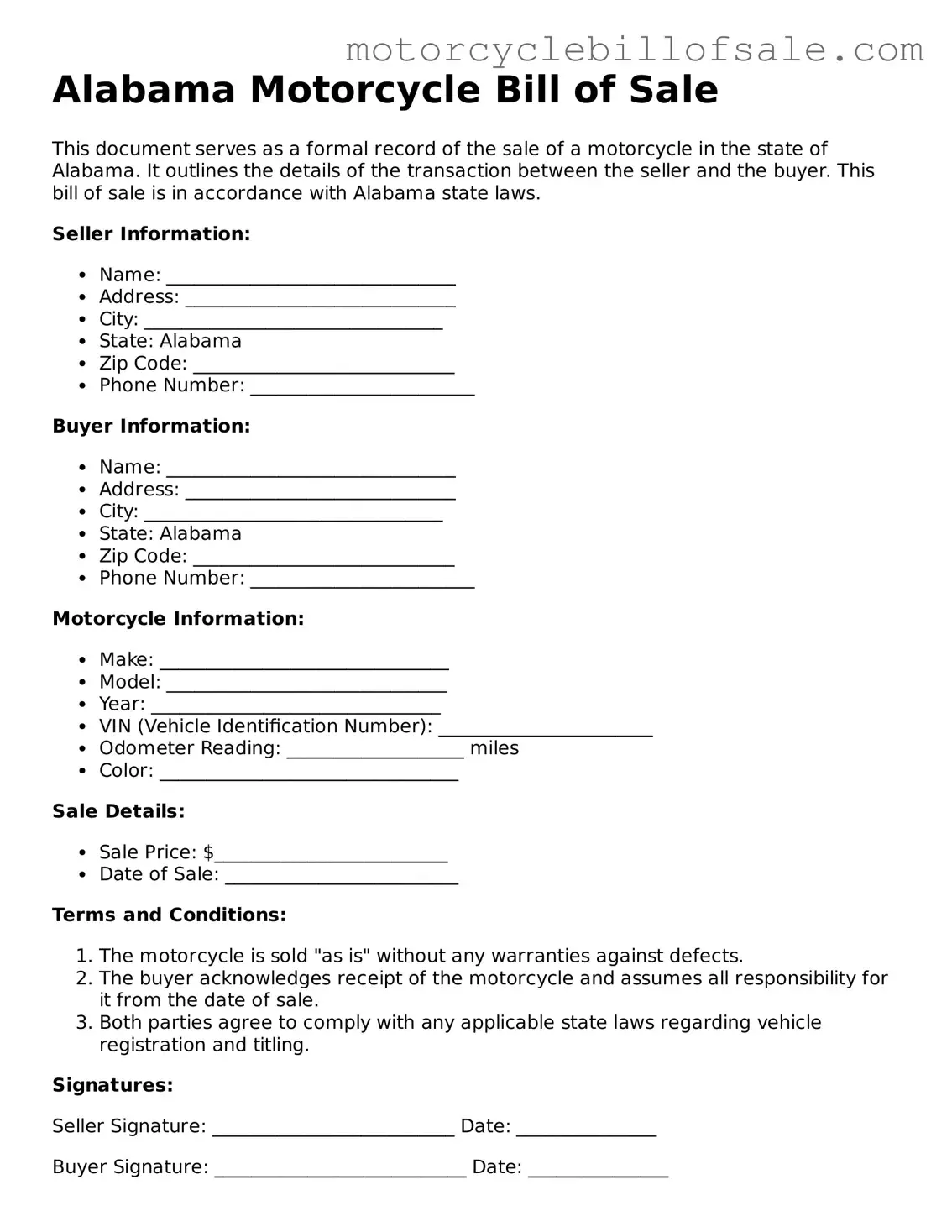 Fillable Motorcycle Bill of Sale Template for Alabama State