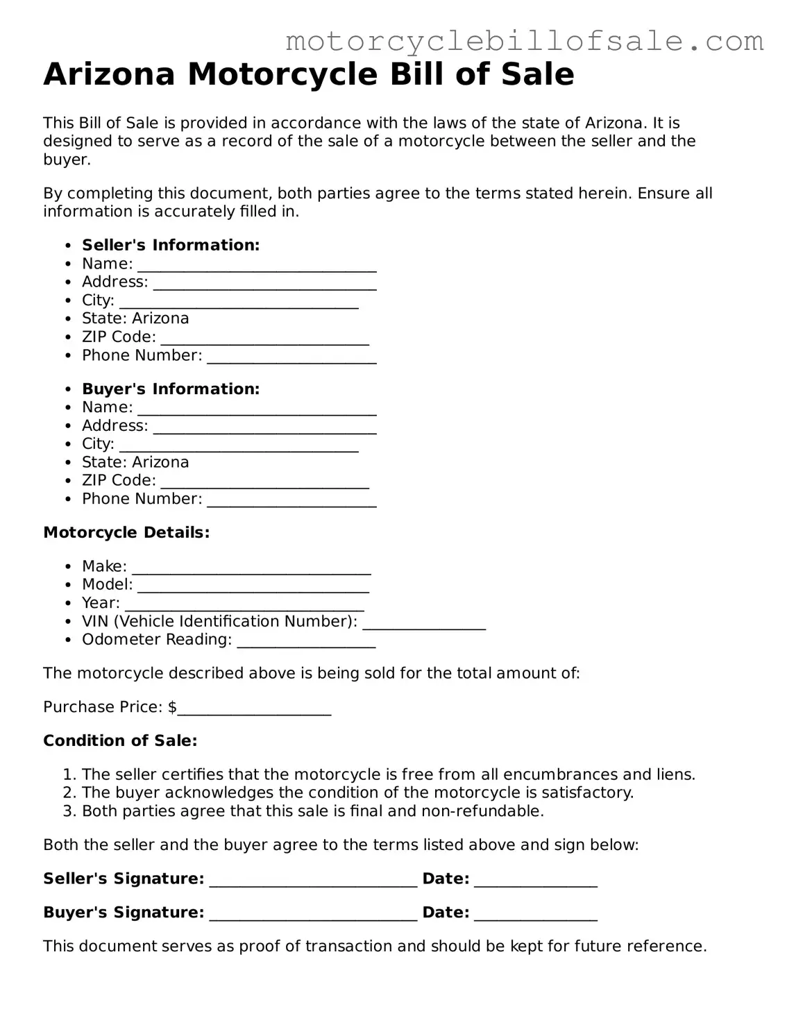 Fillable Motorcycle Bill of Sale Template for Arizona State