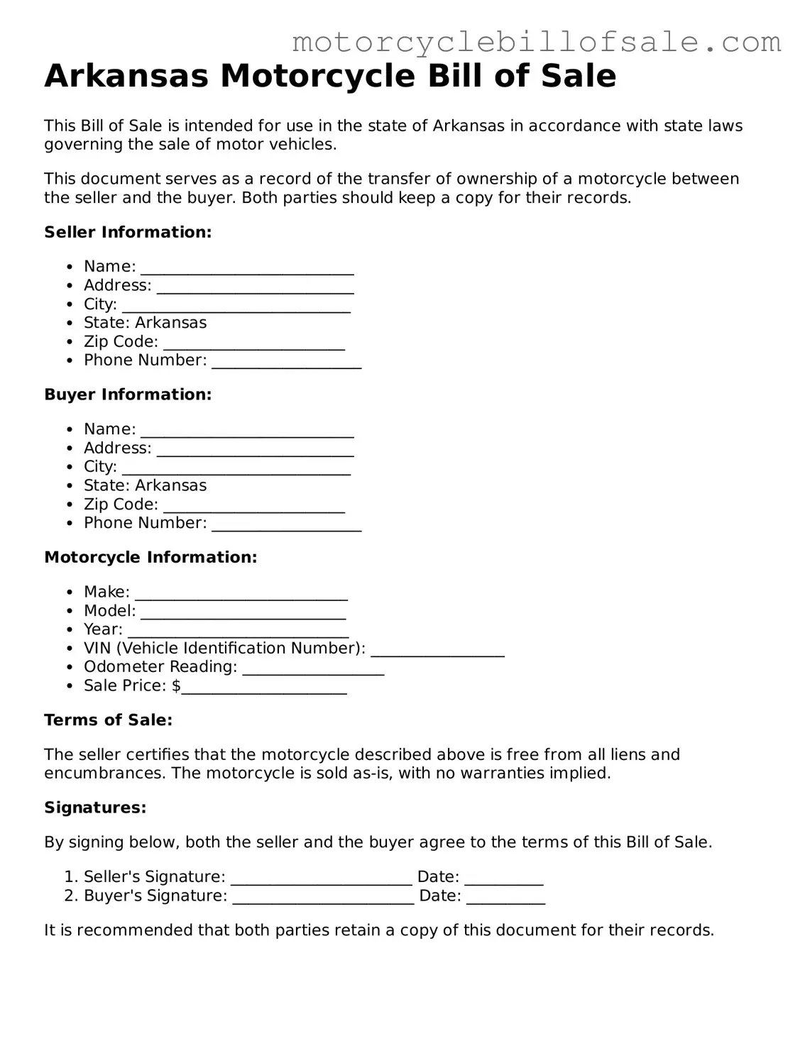 Fillable Motorcycle Bill of Sale Template for Arkansas State