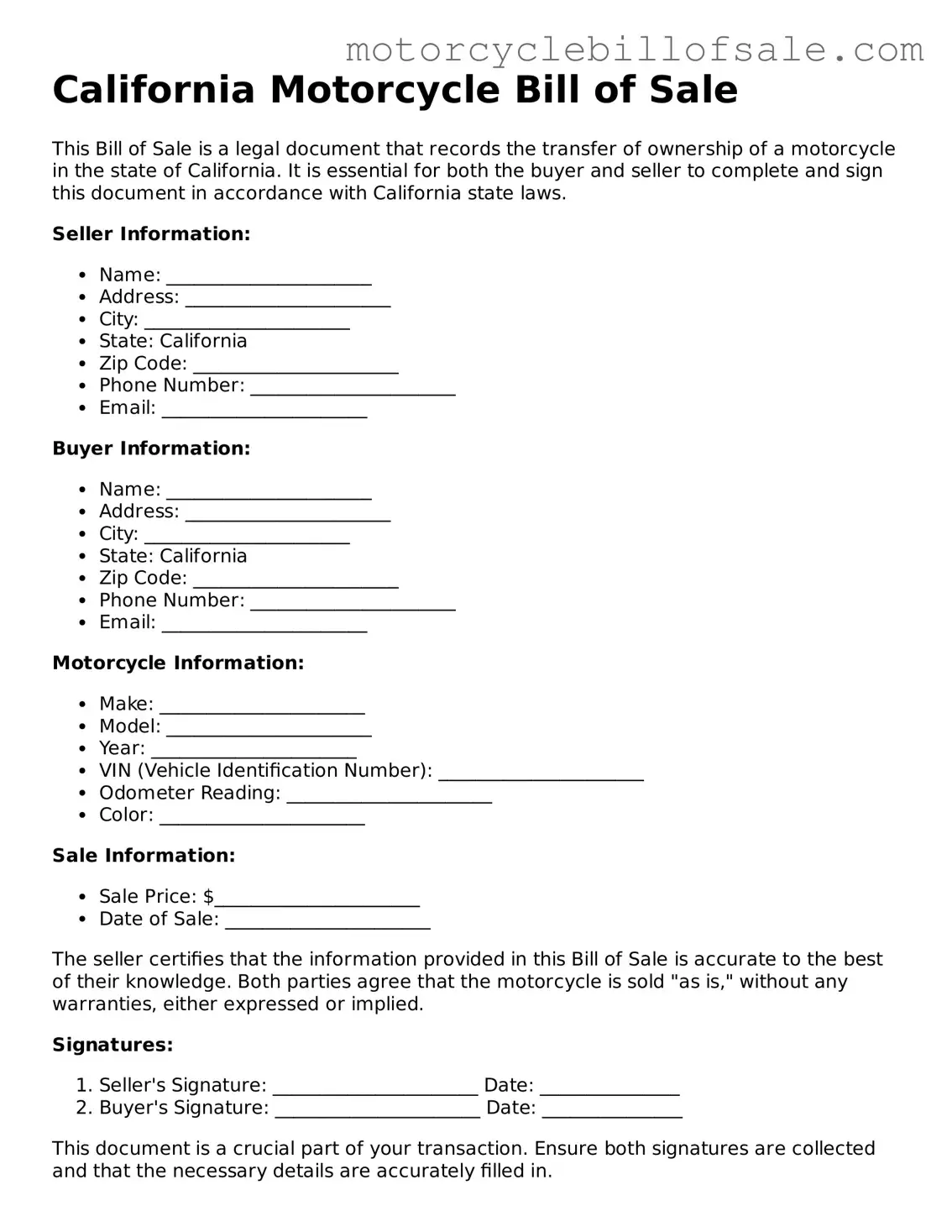 Fillable Motorcycle Bill of Sale Template for California State