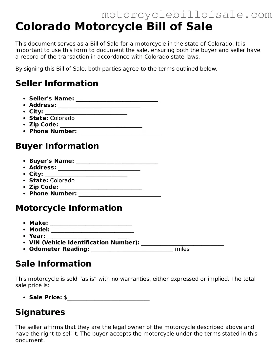 Fillable Motorcycle Bill of Sale Template for Colorado State