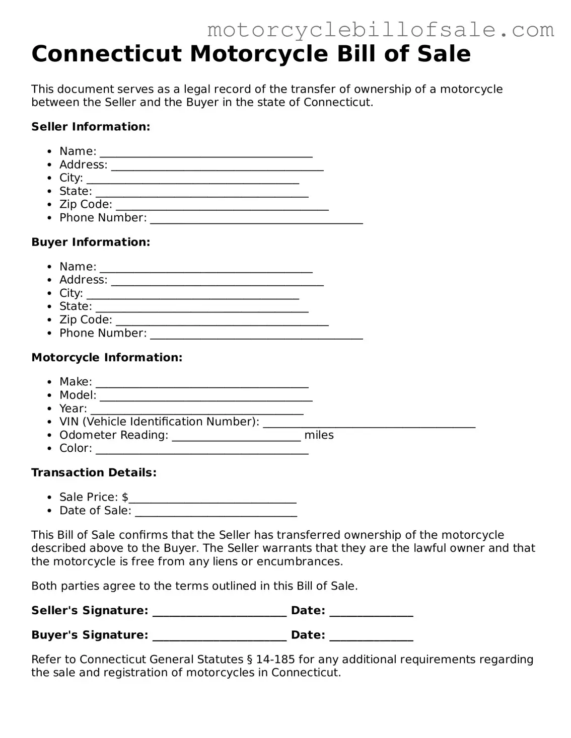 Fillable Motorcycle Bill of Sale Template for Connecticut State