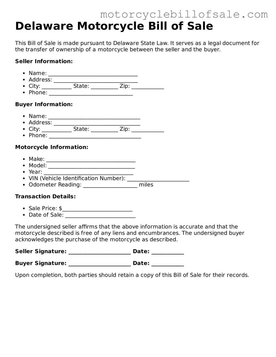 Fillable Motorcycle Bill of Sale Template for Delaware State