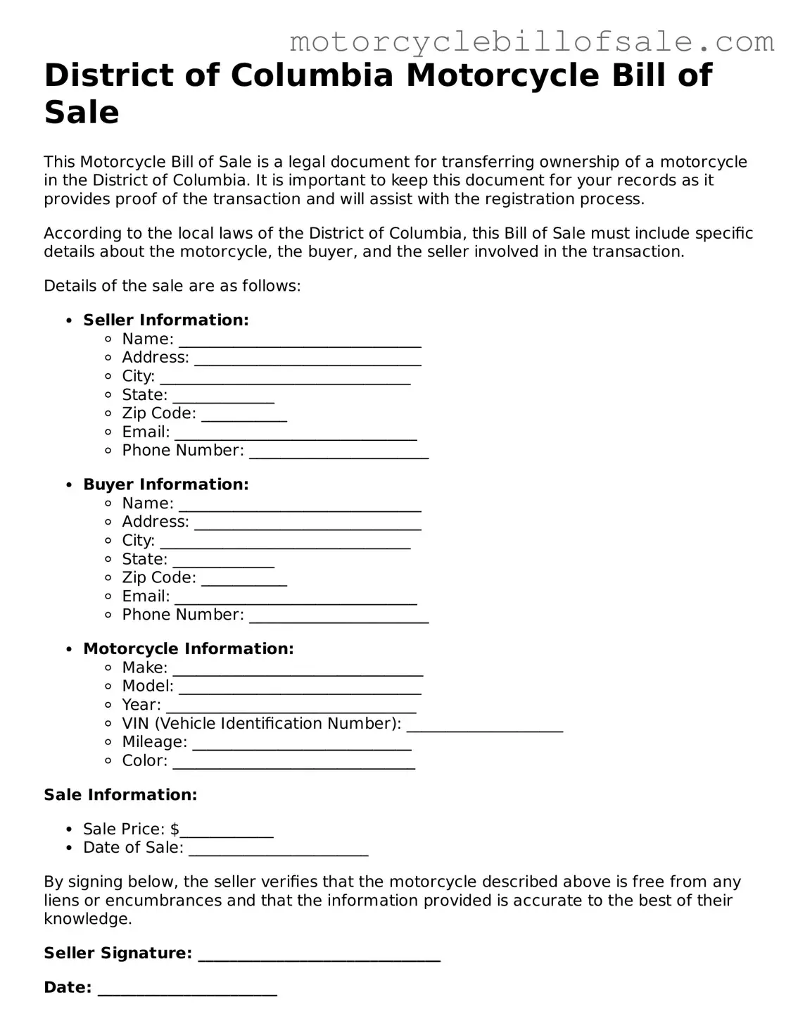 Fillable Motorcycle Bill of Sale Template for District of Columbia State