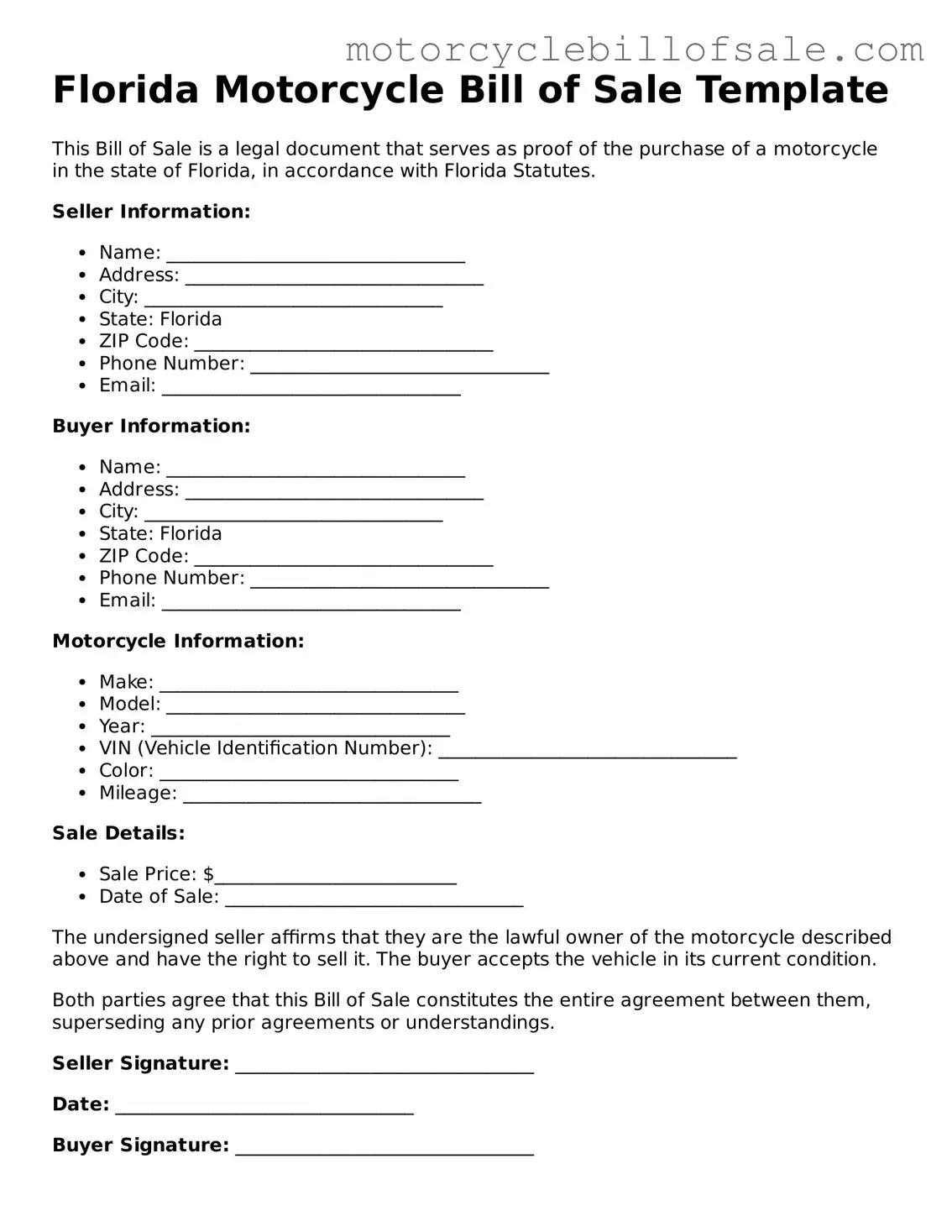 Fillable Motorcycle Bill of Sale Template for Florida State