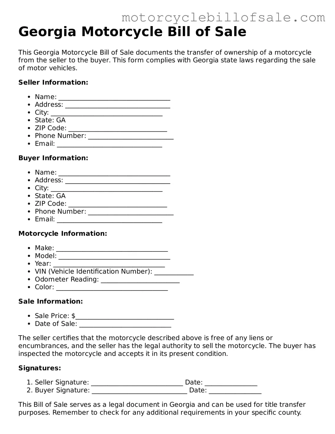 Fillable Motorcycle Bill of Sale Template for Georgia State