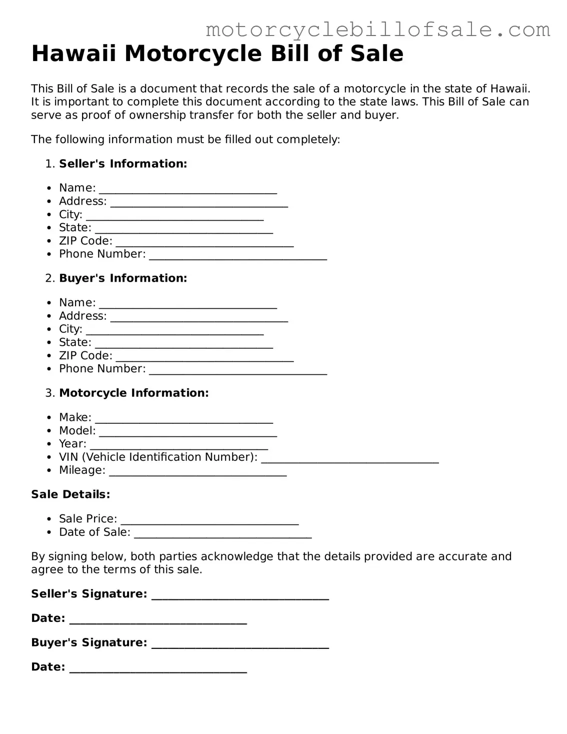 Fillable Motorcycle Bill of Sale Template for Hawaii State