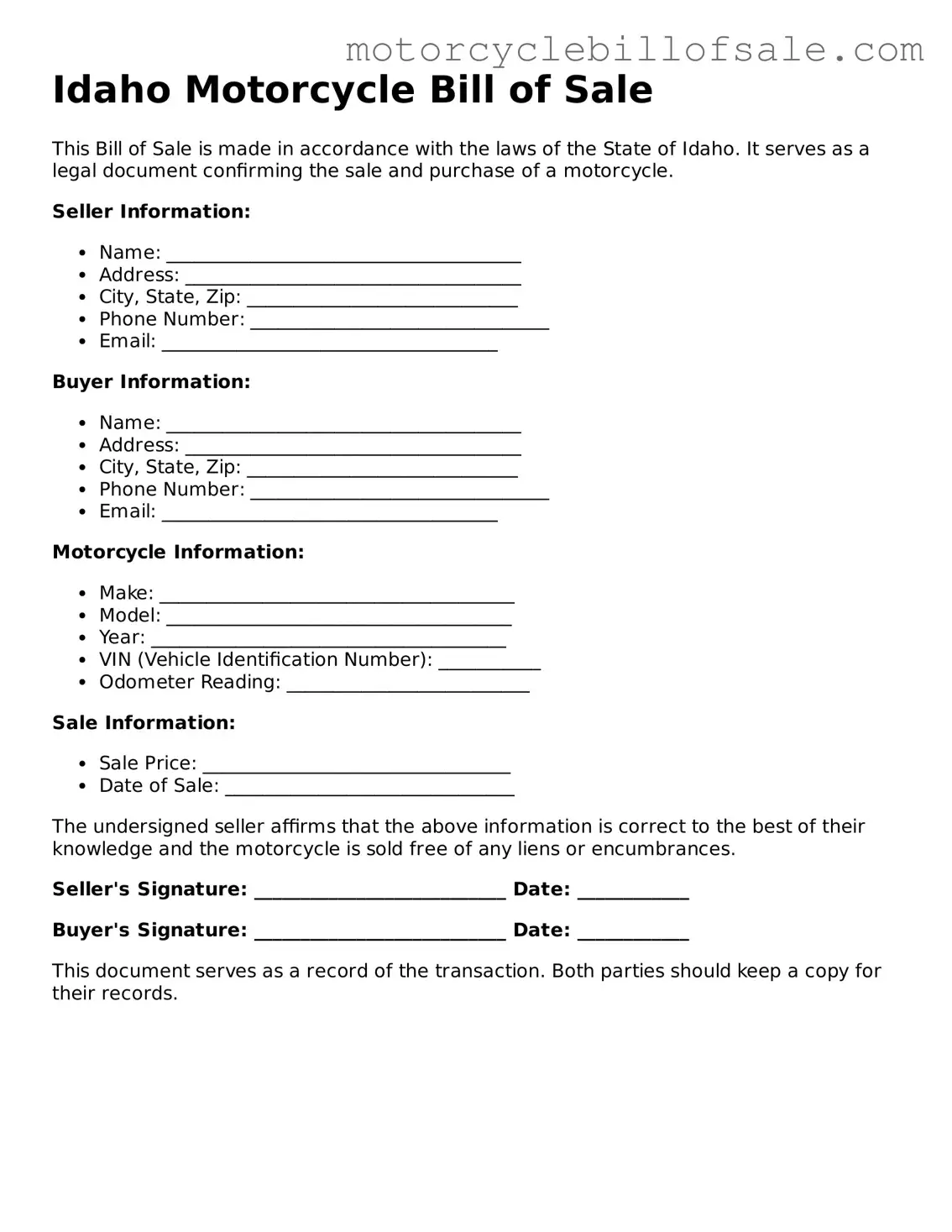 Fillable Motorcycle Bill of Sale Template for Idaho State