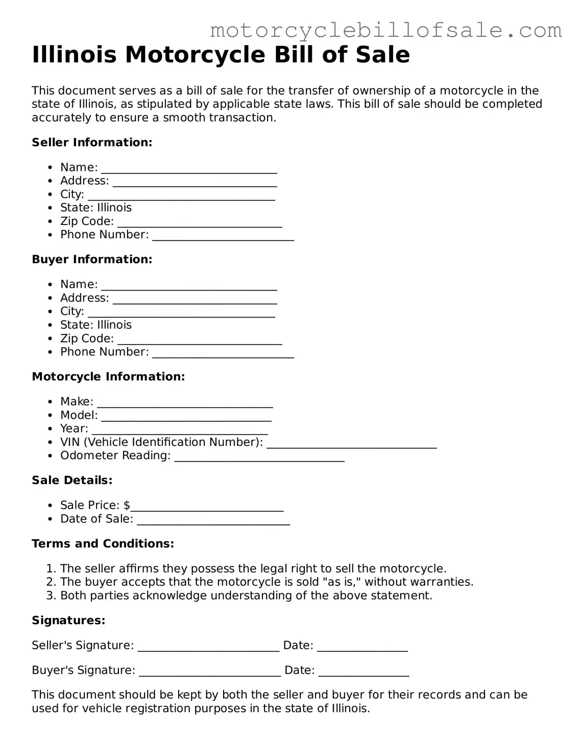 Fillable Motorcycle Bill of Sale Template for Illinois State