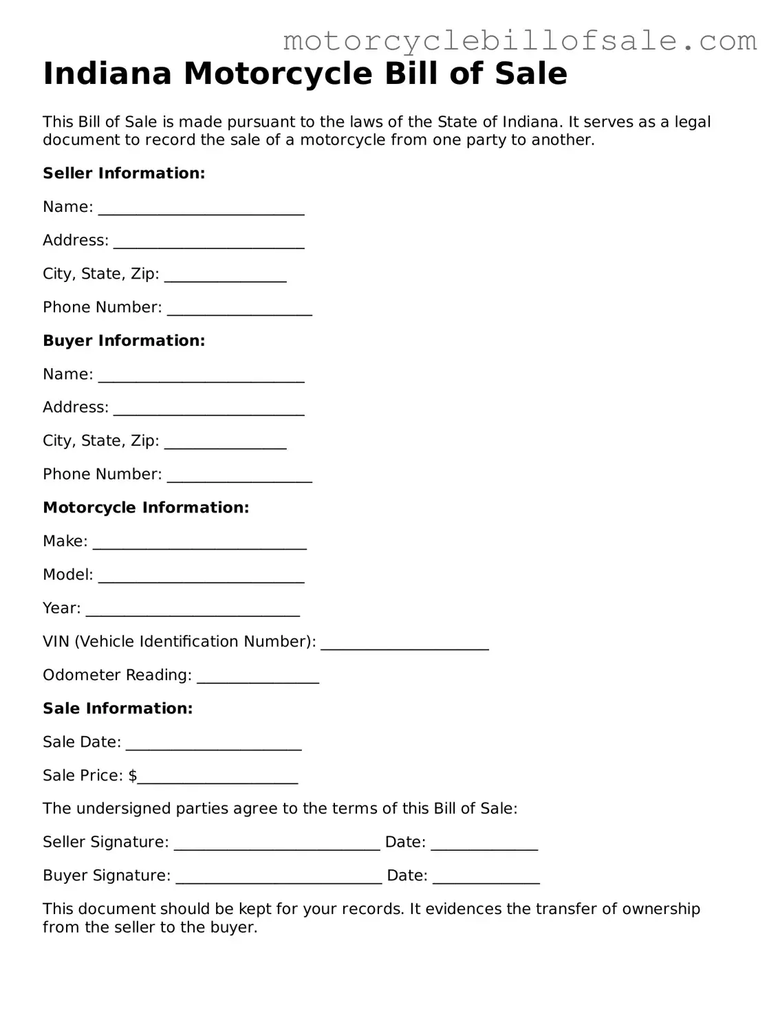 Fillable Motorcycle Bill of Sale Template for Indiana State