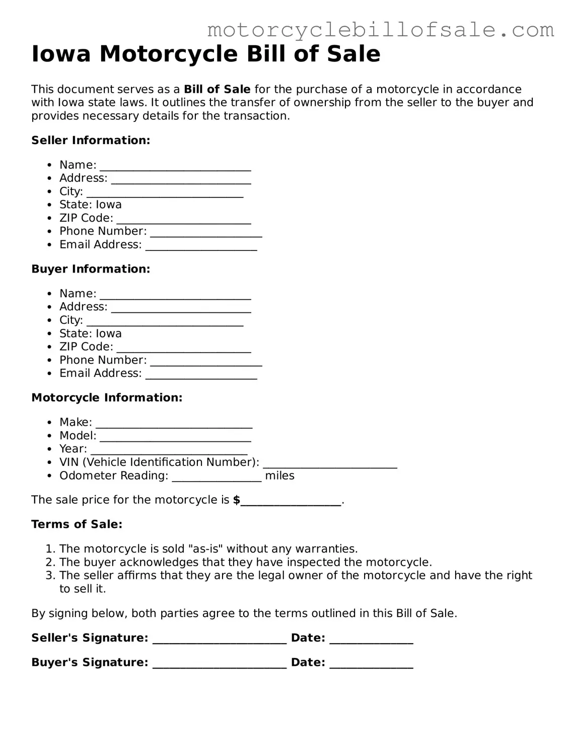 Fillable Motorcycle Bill of Sale Template for Iowa State