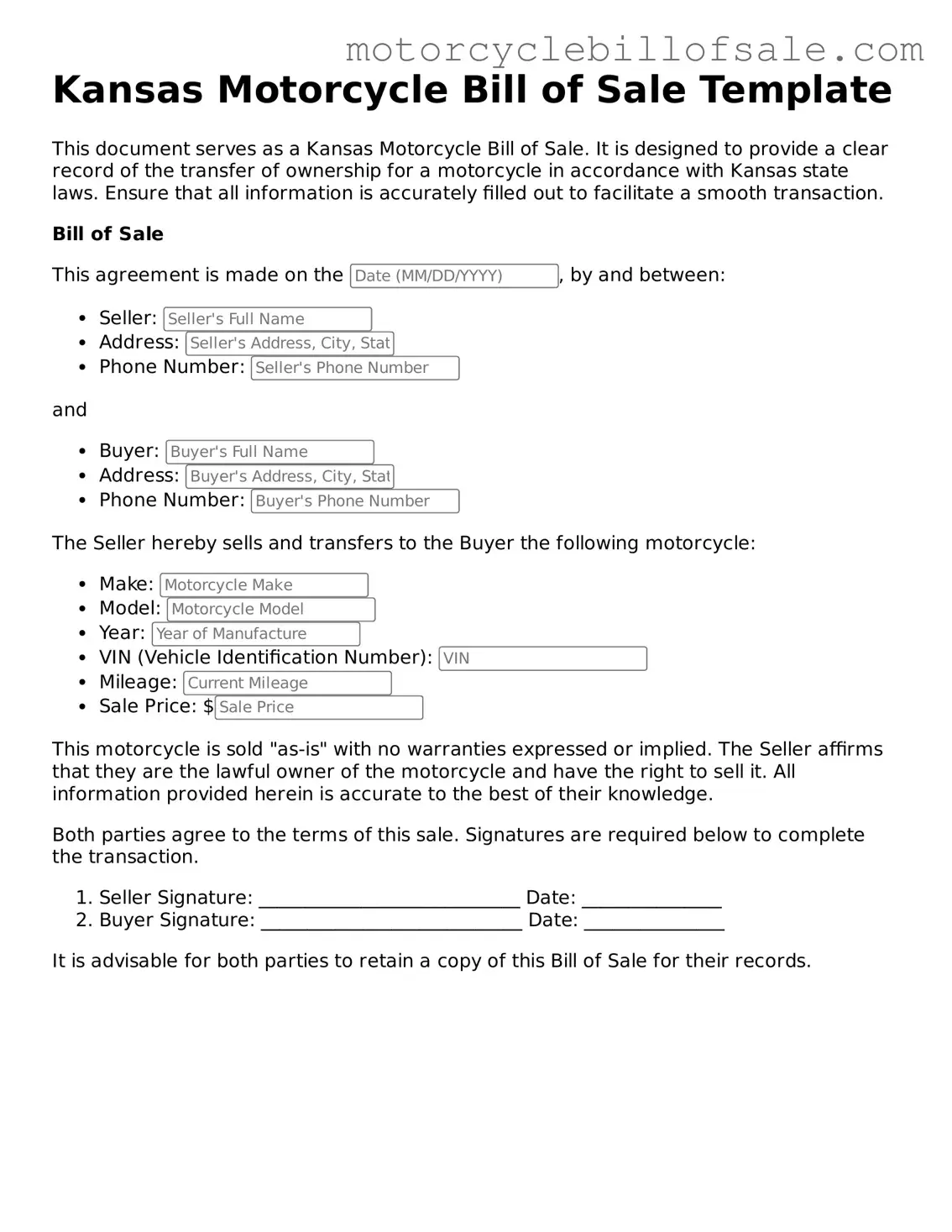 Fillable Motorcycle Bill of Sale Template for Kansas State