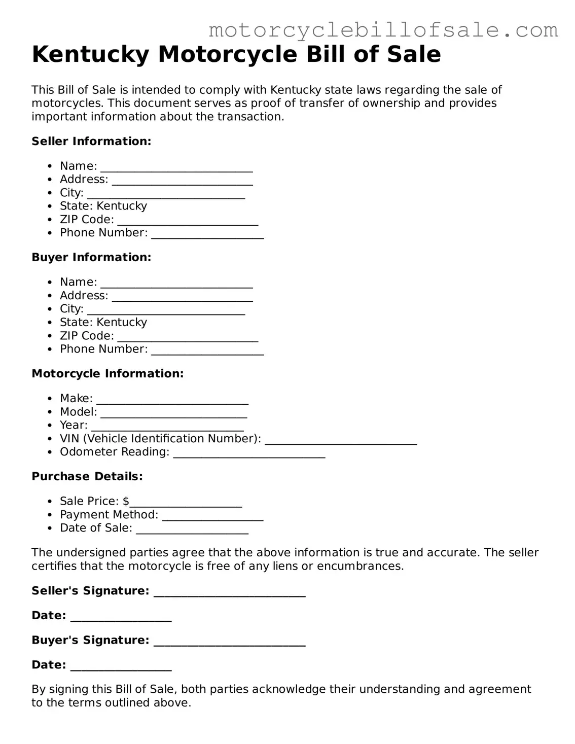 Fillable Motorcycle Bill of Sale Template for Kentucky State