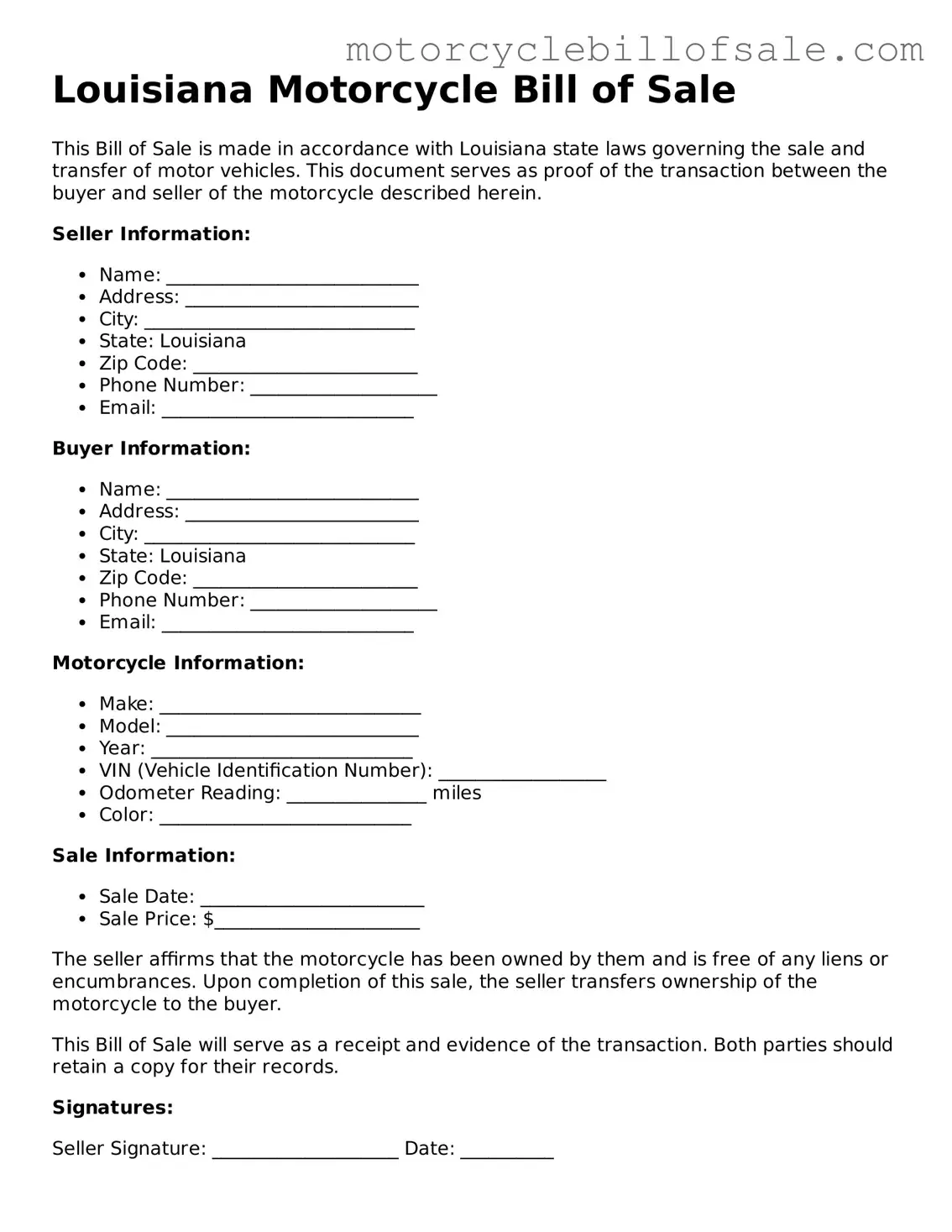 Fillable Motorcycle Bill of Sale Template for Louisiana State