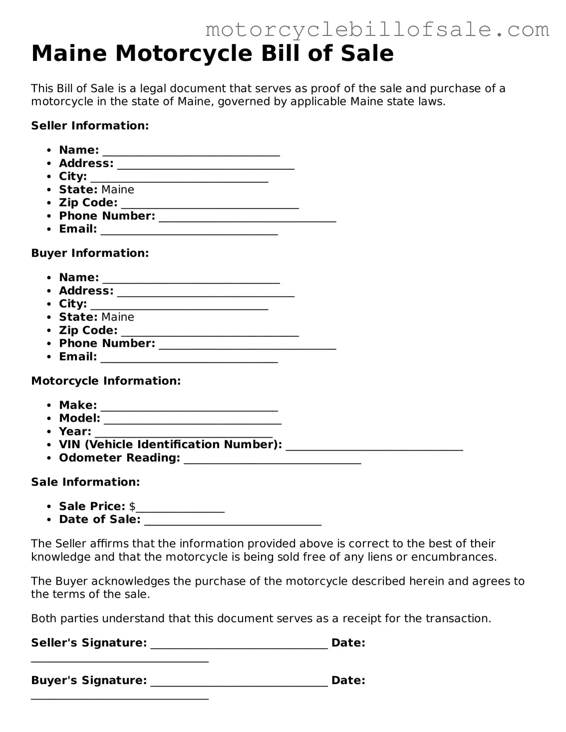 Fillable Motorcycle Bill of Sale Template for Maine State