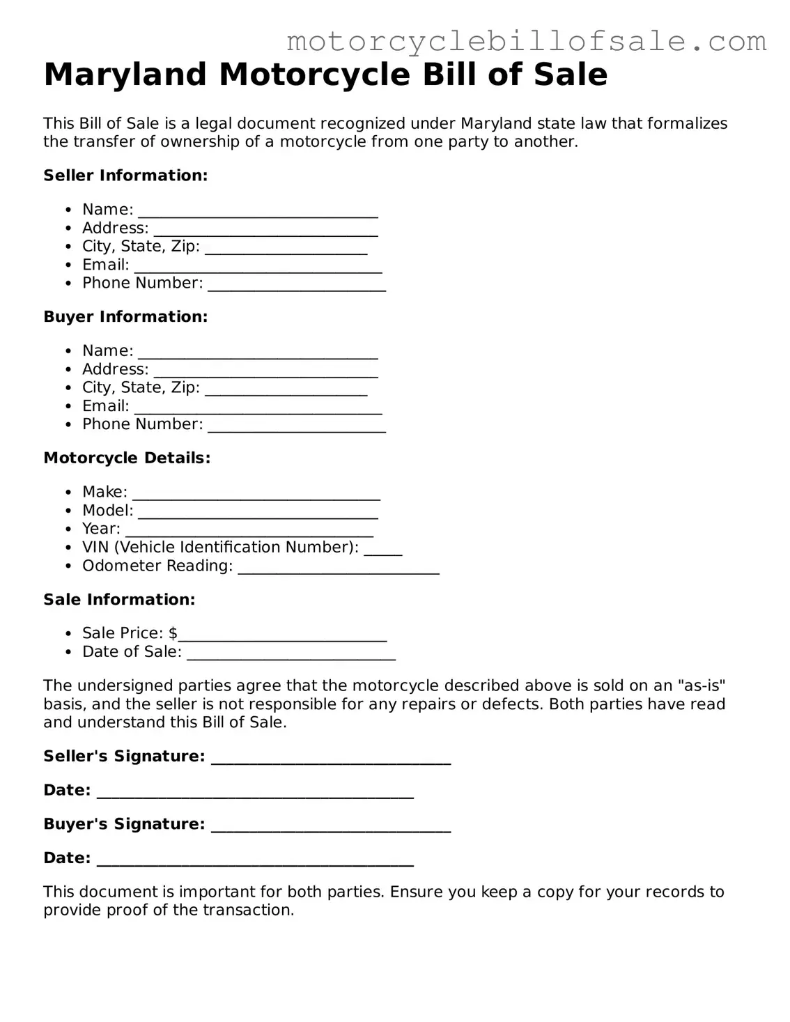 Fillable Motorcycle Bill of Sale Template for Maryland State