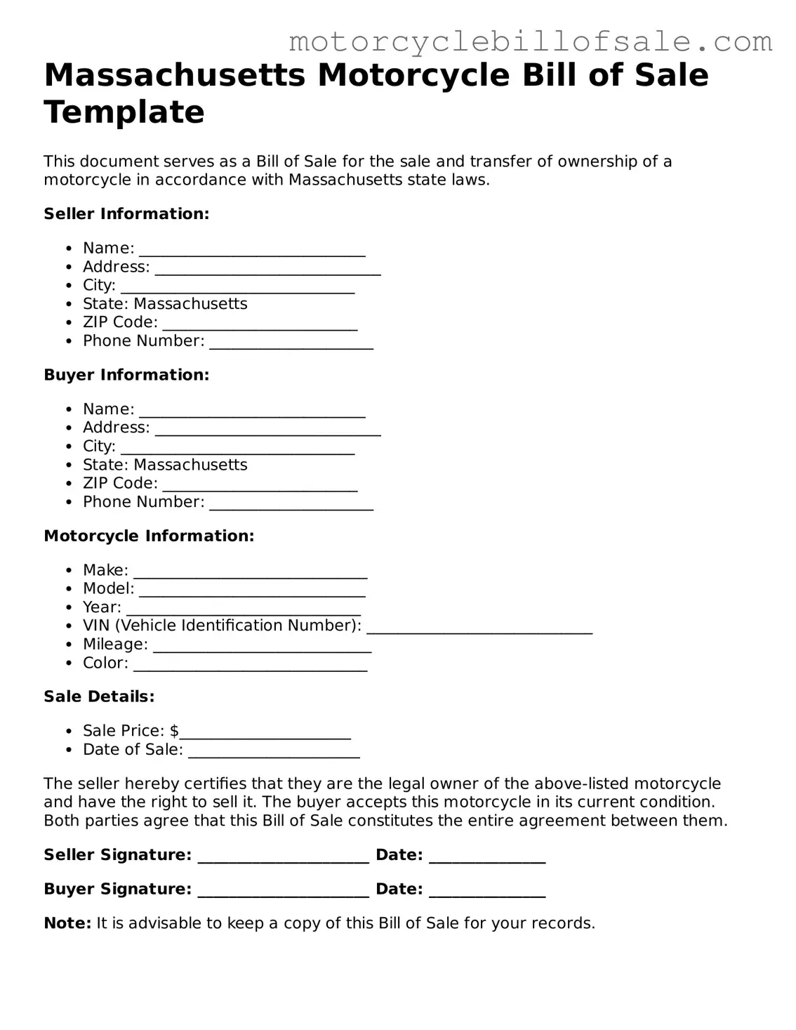 Fillable Motorcycle Bill of Sale Template for Massachusetts State