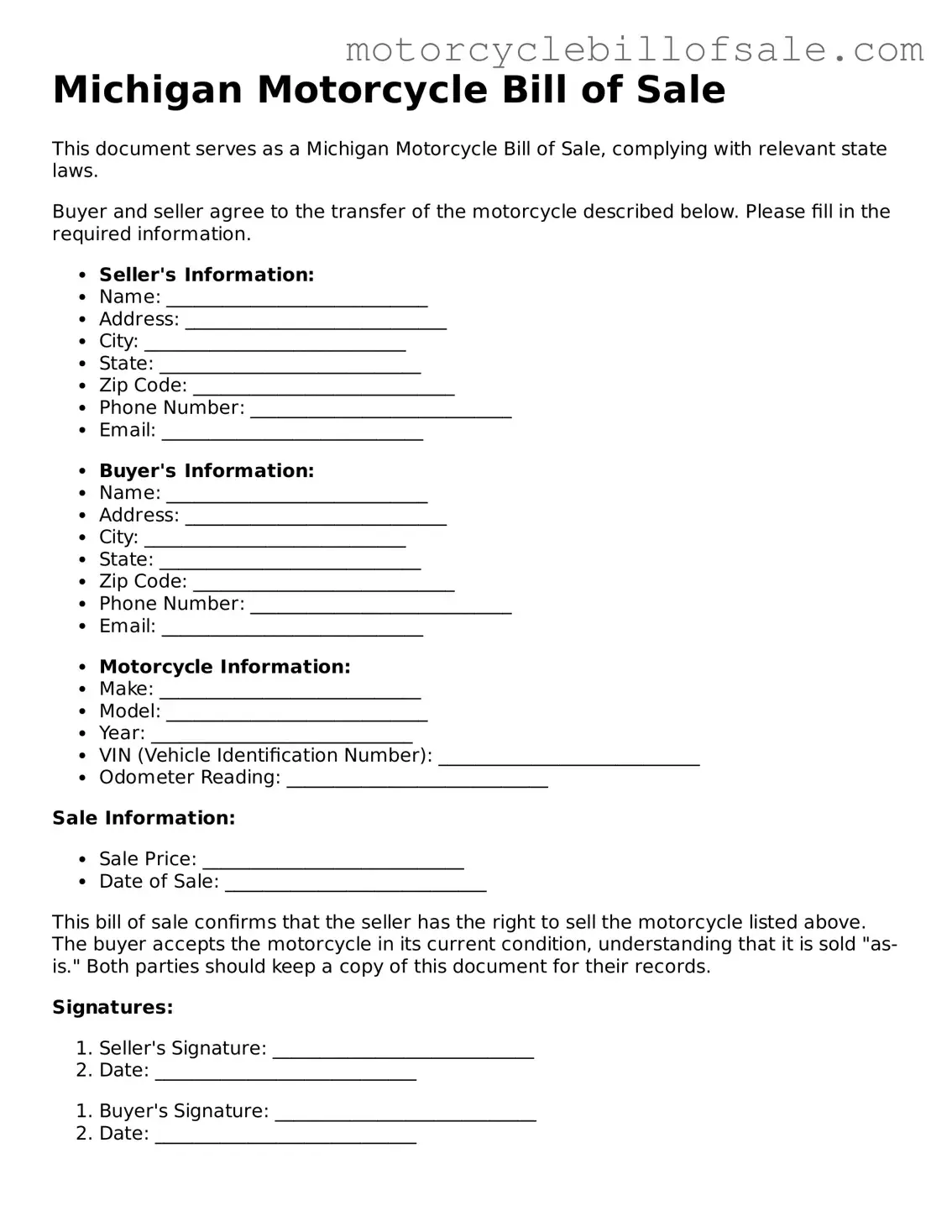 Fillable Motorcycle Bill of Sale Template for Michigan State