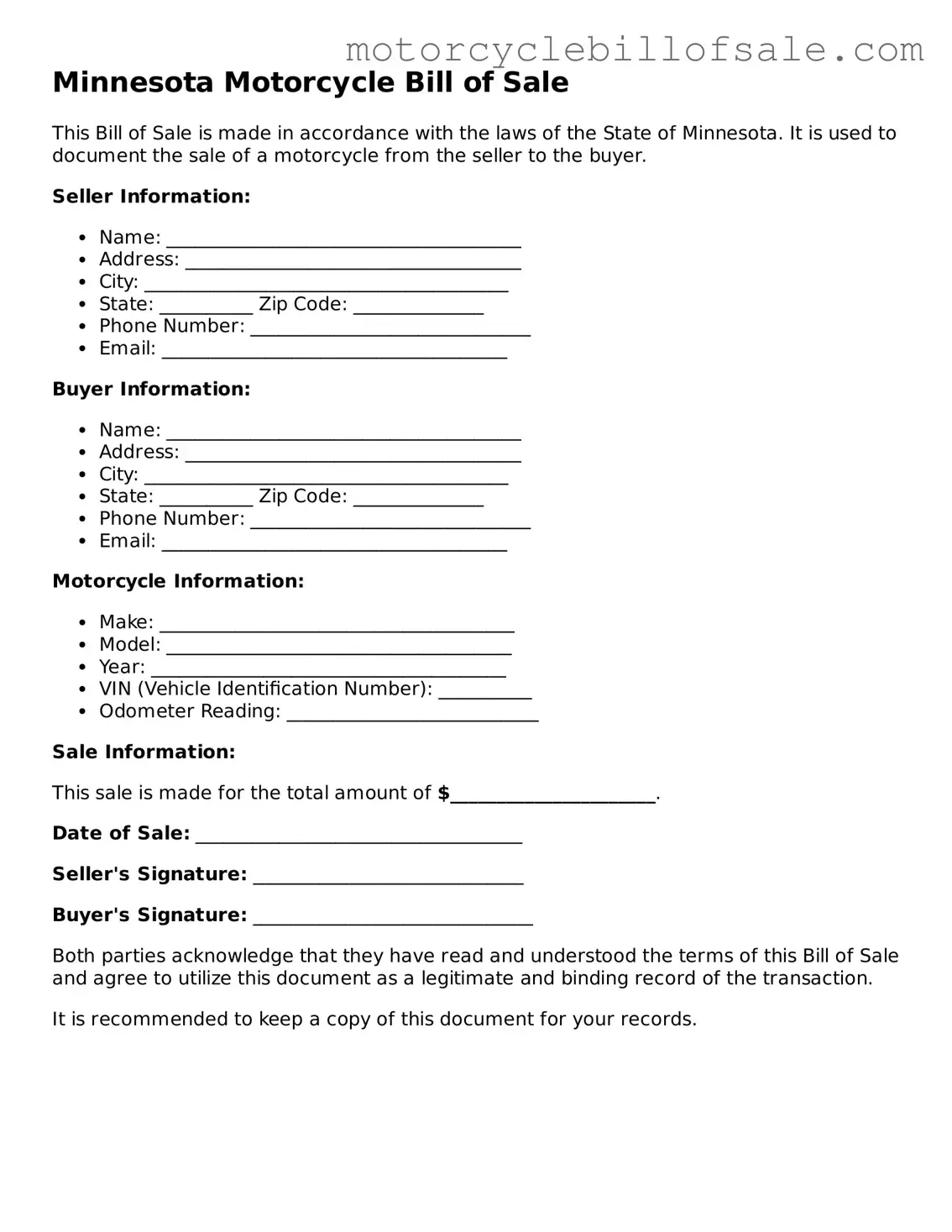 Fillable Motorcycle Bill of Sale Template for Minnesota State