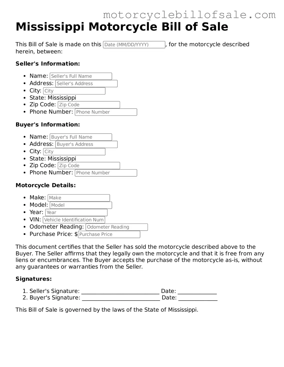 Fillable Motorcycle Bill of Sale Template for Mississippi State