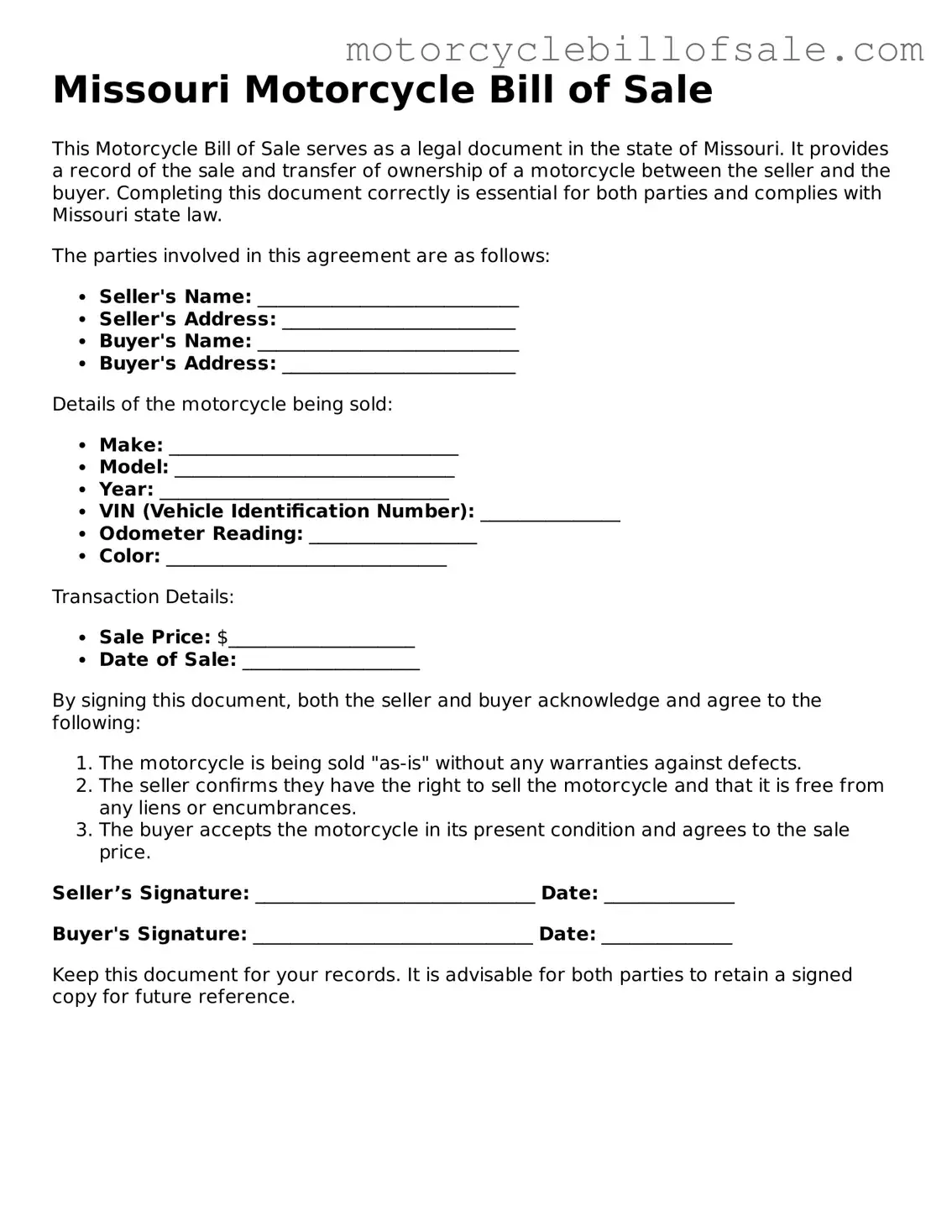 Fillable Motorcycle Bill of Sale Template for Missouri State