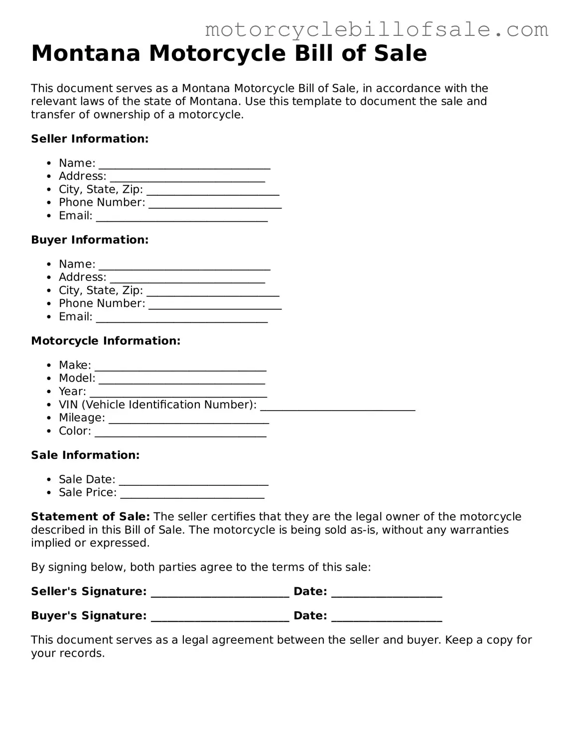 Fillable Motorcycle Bill of Sale Template for Montana State