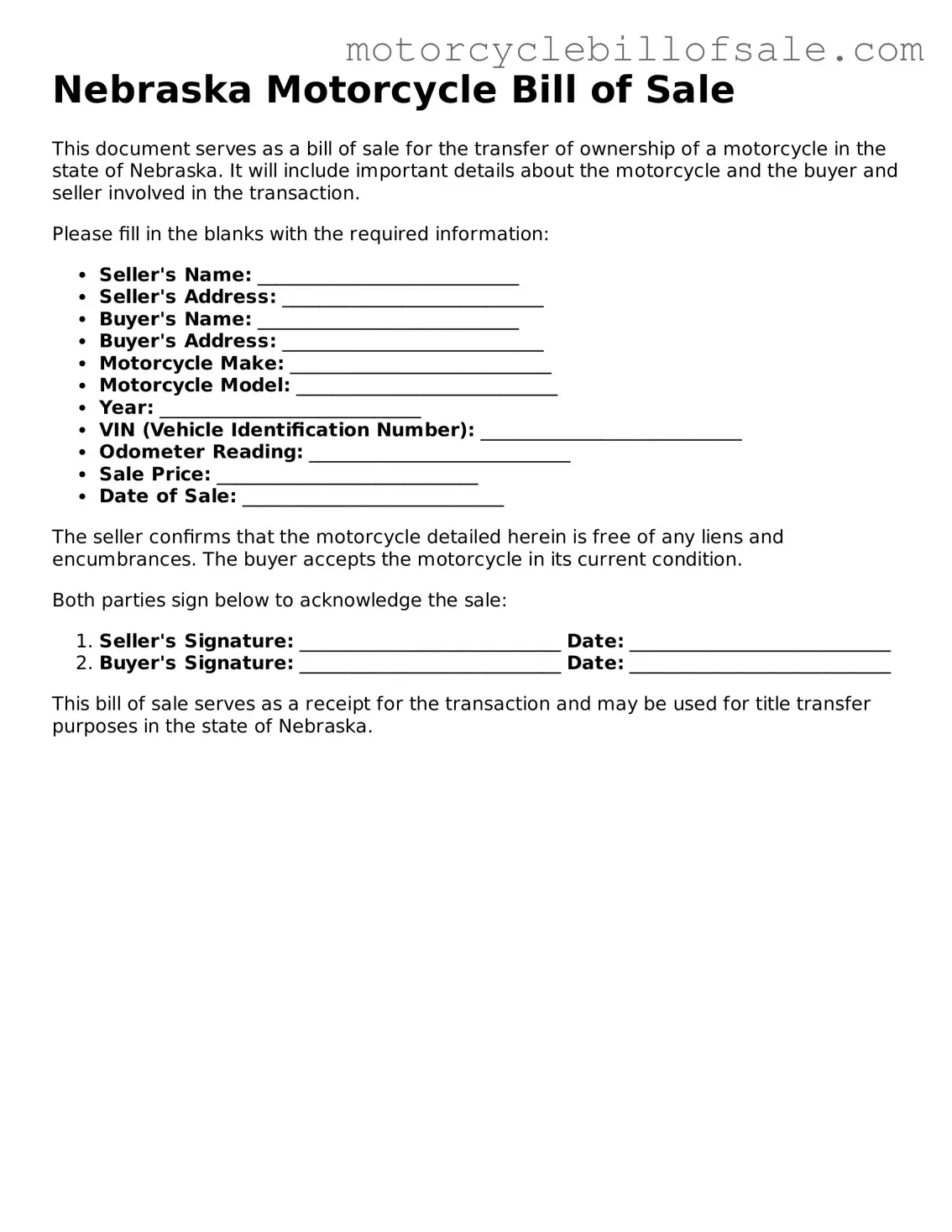 Fillable Motorcycle Bill of Sale Template for Nebraska State