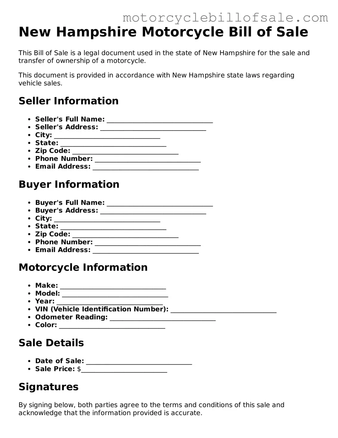 Fillable Motorcycle Bill of Sale Template for New Hampshire State