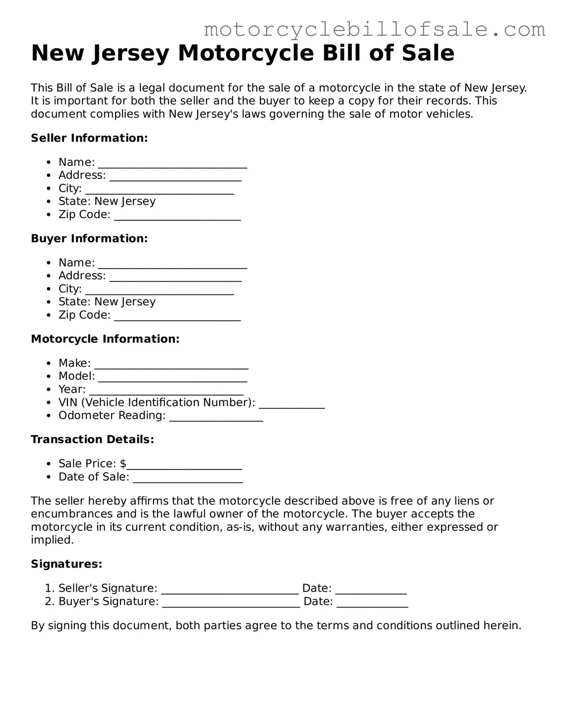 Fillable Motorcycle Bill of Sale Template for New Jersey State