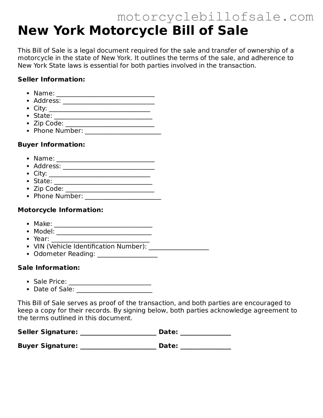 Fillable Motorcycle Bill of Sale Template for New York State