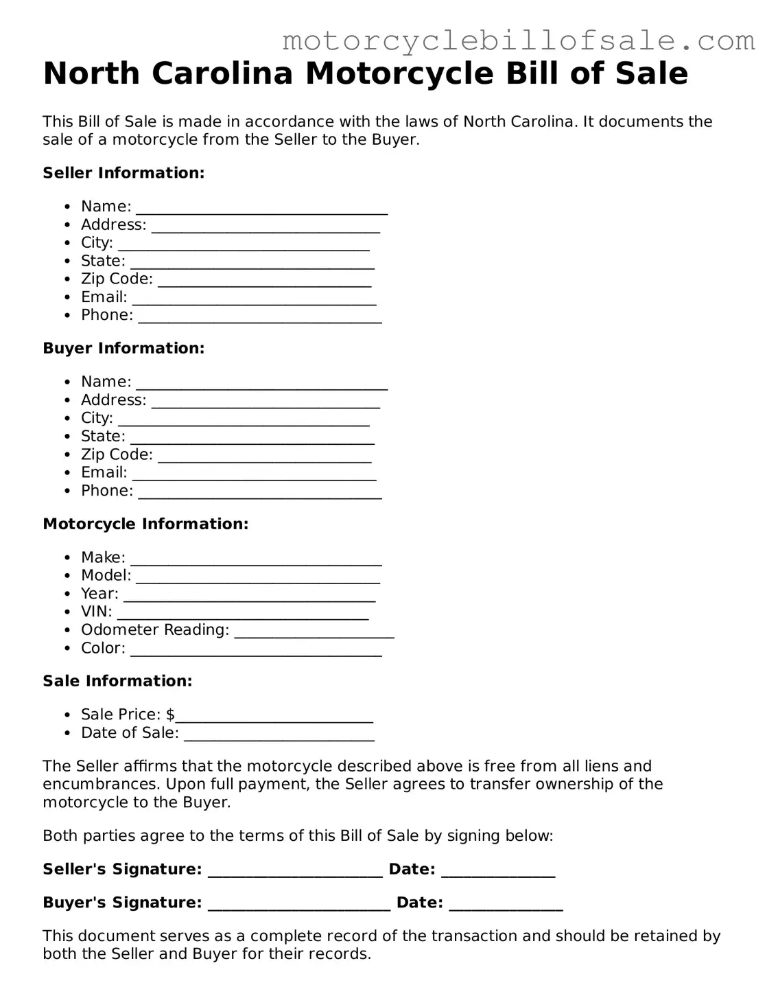 Fillable Motorcycle Bill of Sale Template for North Carolina State