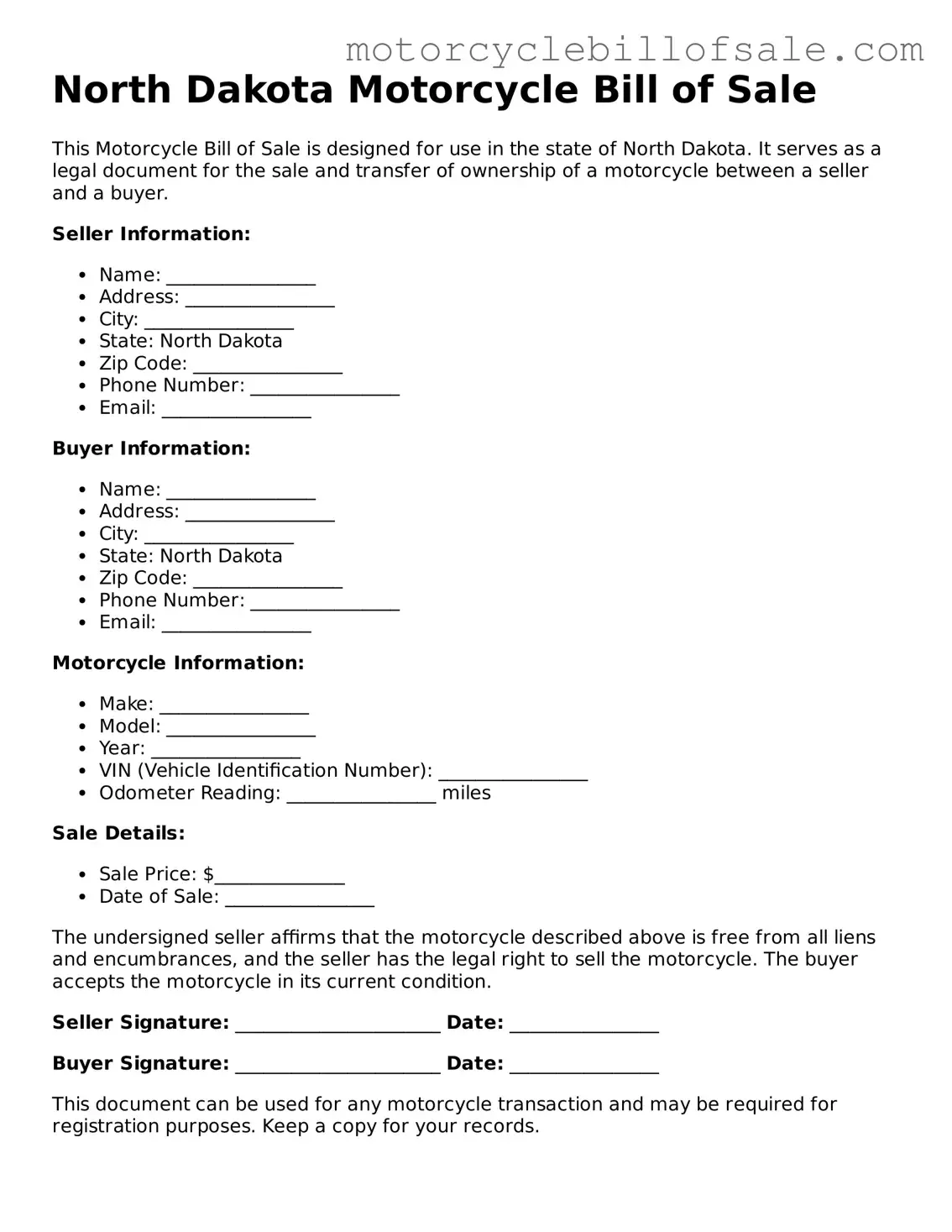 Fillable Motorcycle Bill of Sale Template for North Dakota State