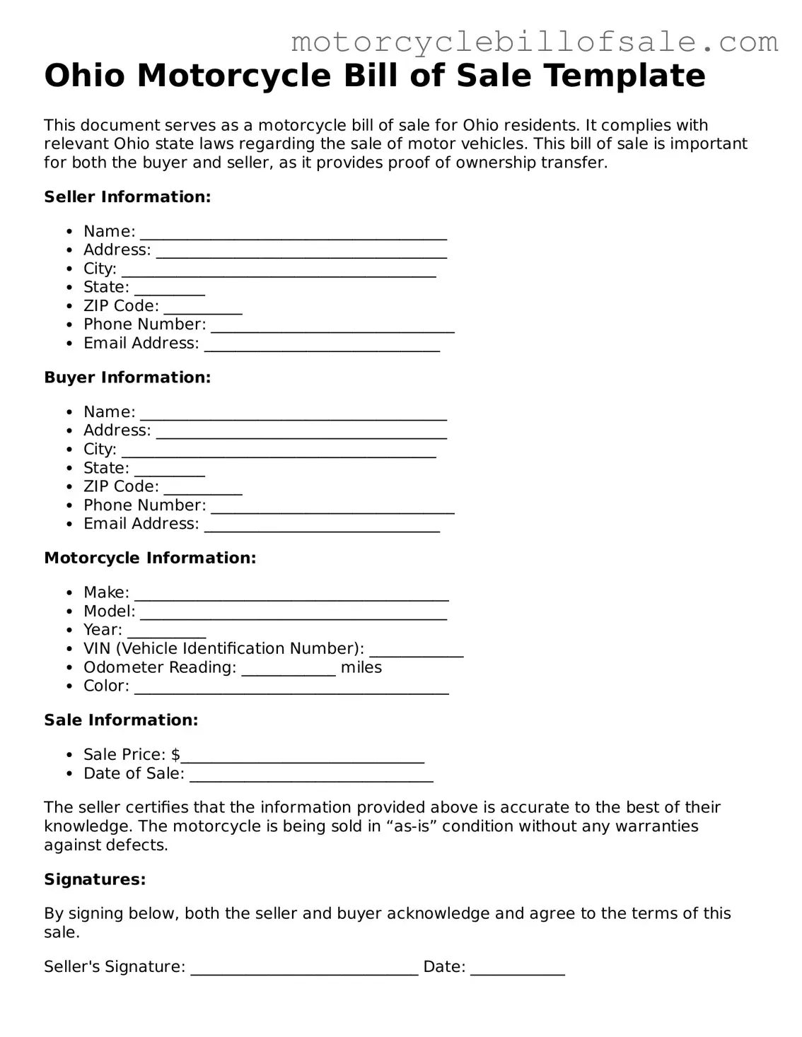 Fillable Motorcycle Bill of Sale Template for Ohio State
