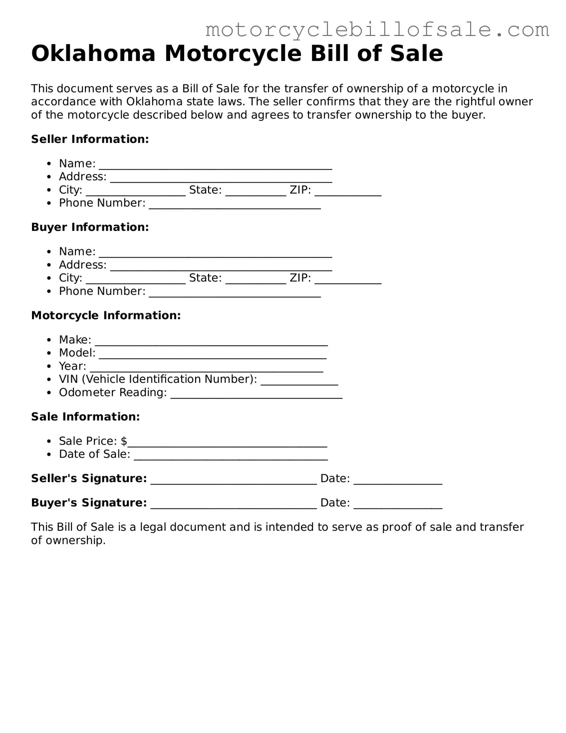 Fillable Motorcycle Bill of Sale Template for Oklahoma State