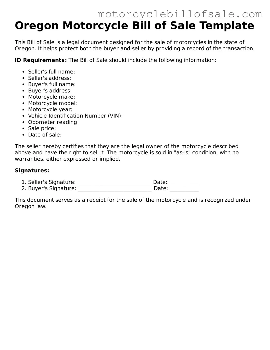 Fillable Motorcycle Bill of Sale Template for Oregon State