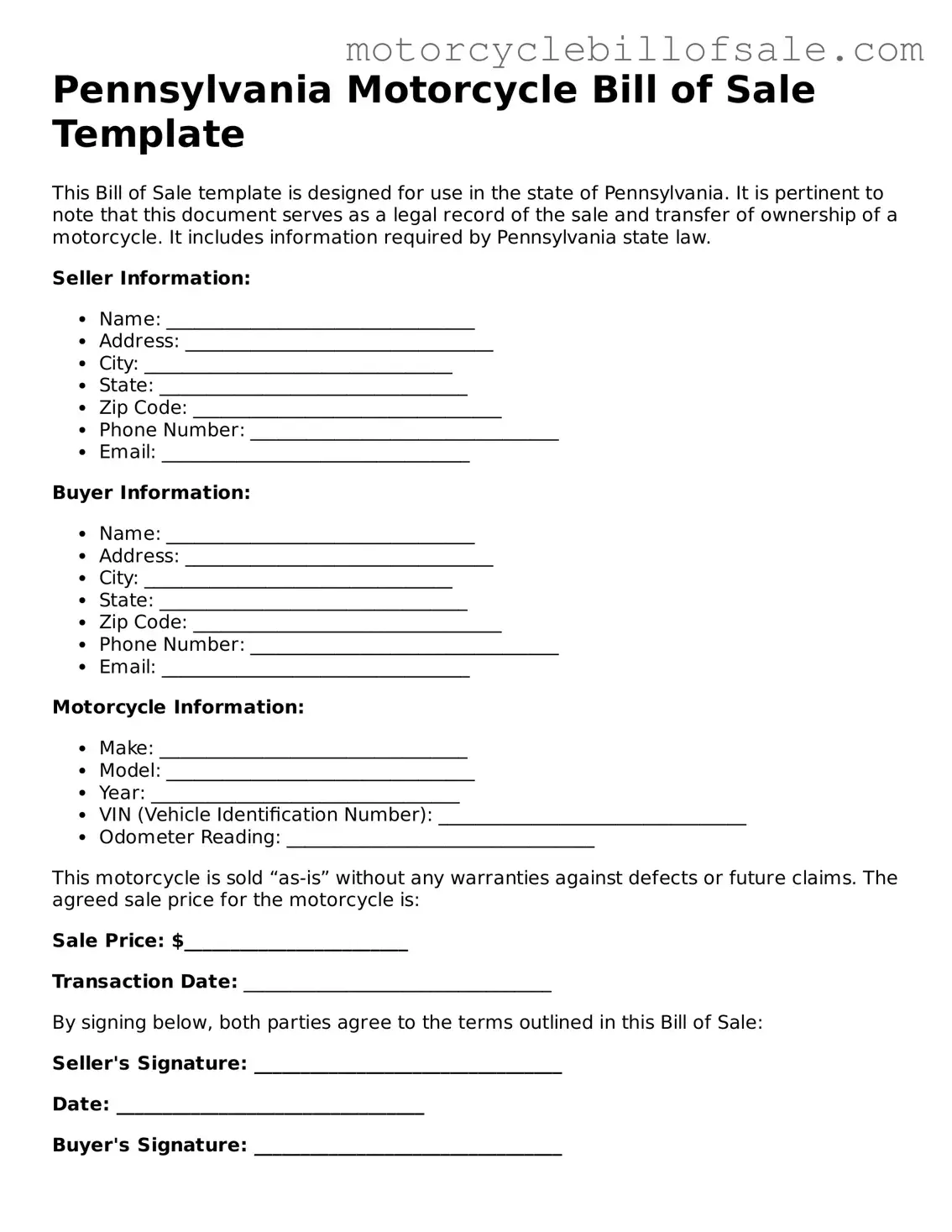 Fillable Motorcycle Bill of Sale Template for Pennsylvania State