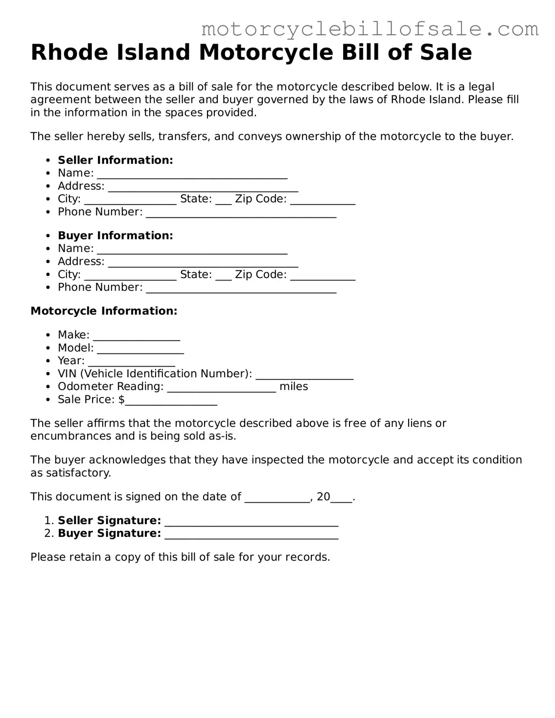 Fillable Motorcycle Bill of Sale Template for Rhode Island State
