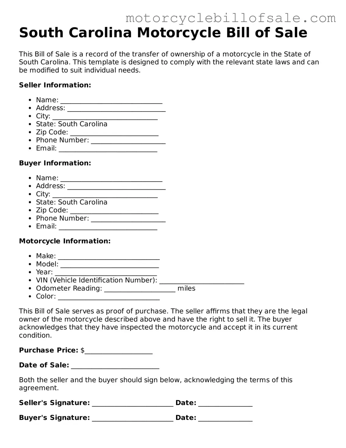 Fillable Motorcycle Bill of Sale Template for South Carolina State