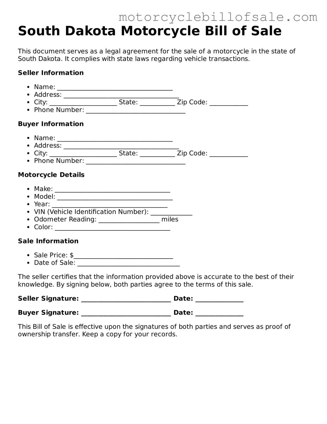 Fillable Motorcycle Bill of Sale Template for South Dakota State