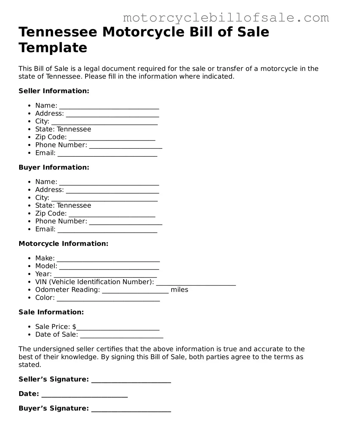 Fillable Motorcycle Bill of Sale Template for Tennessee State