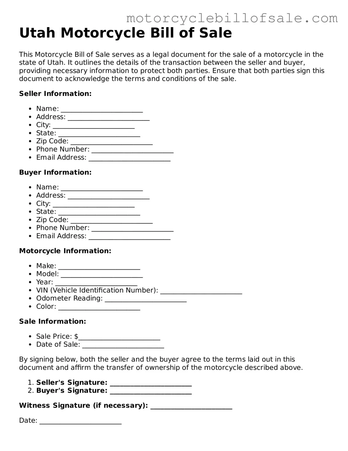 Fillable Motorcycle Bill of Sale Template for Utah State