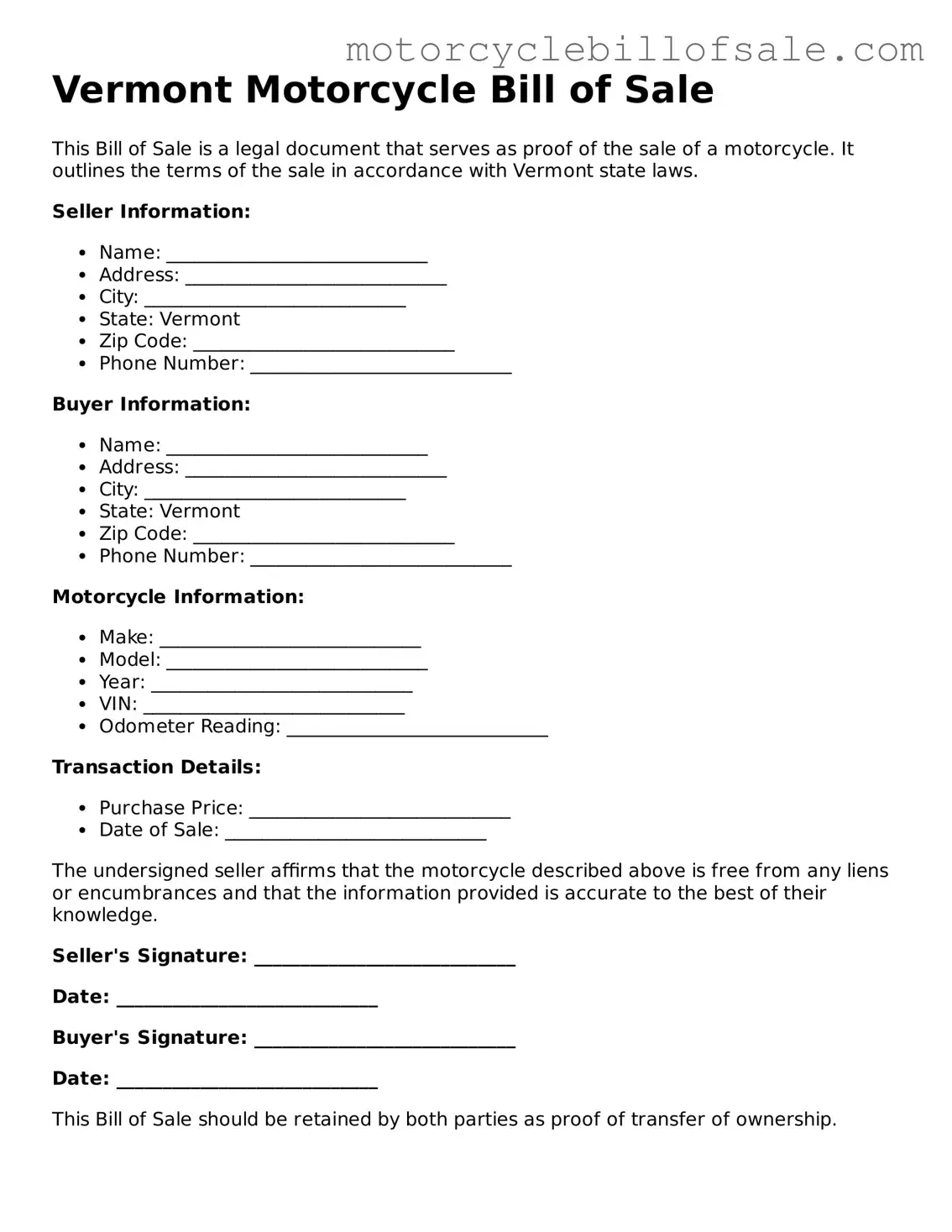 Fillable Motorcycle Bill of Sale Template for Vermont State