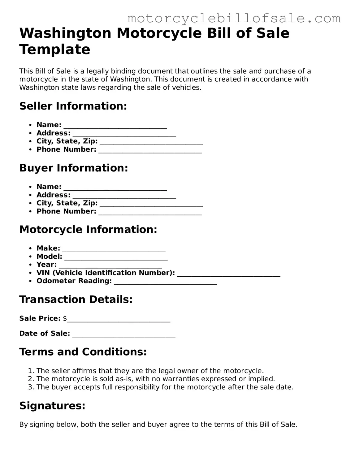 Fillable Motorcycle Bill of Sale Template for Washington State