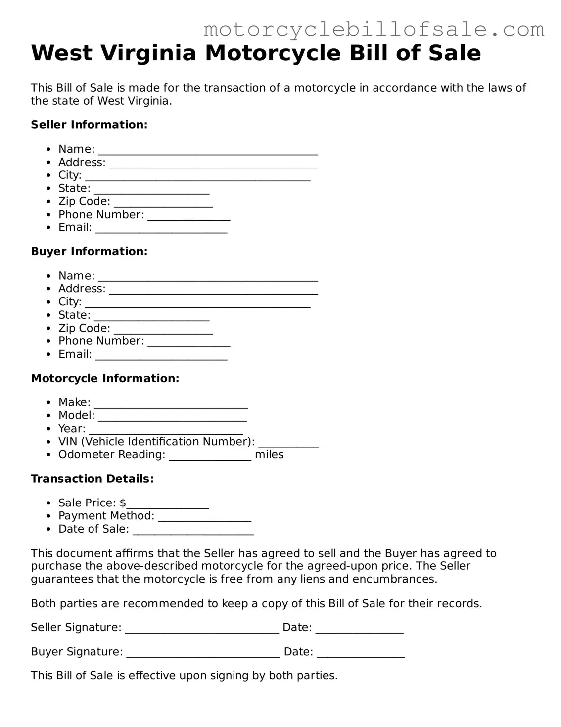 Fillable Motorcycle Bill of Sale Template for West Virginia State