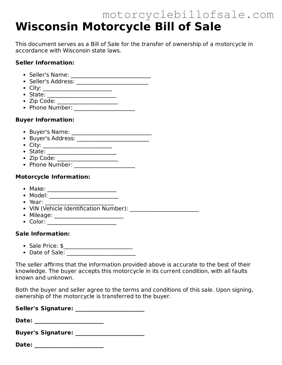 Fillable Motorcycle Bill of Sale Template for Wisconsin State
