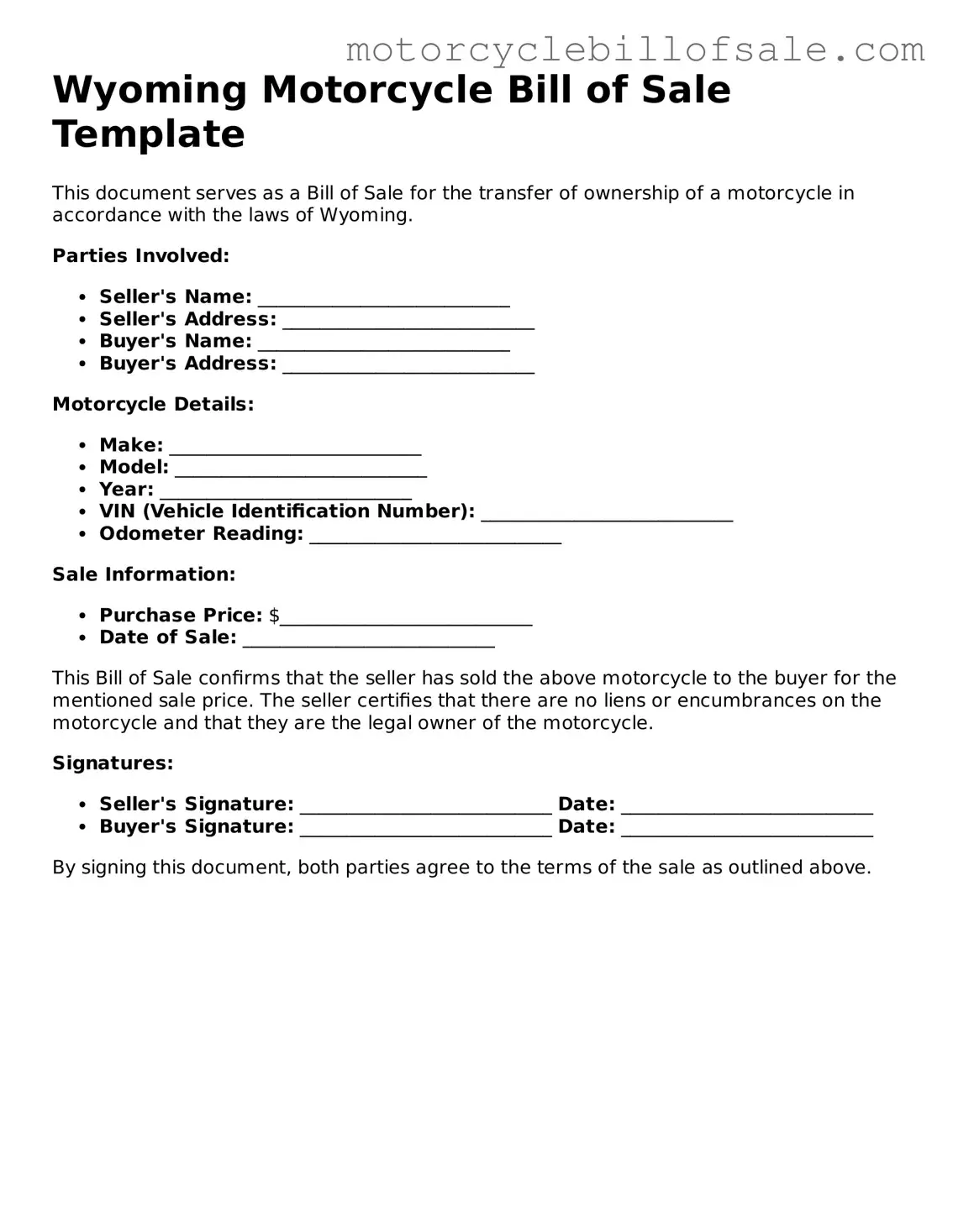Fillable Motorcycle Bill of Sale Template for Wyoming State